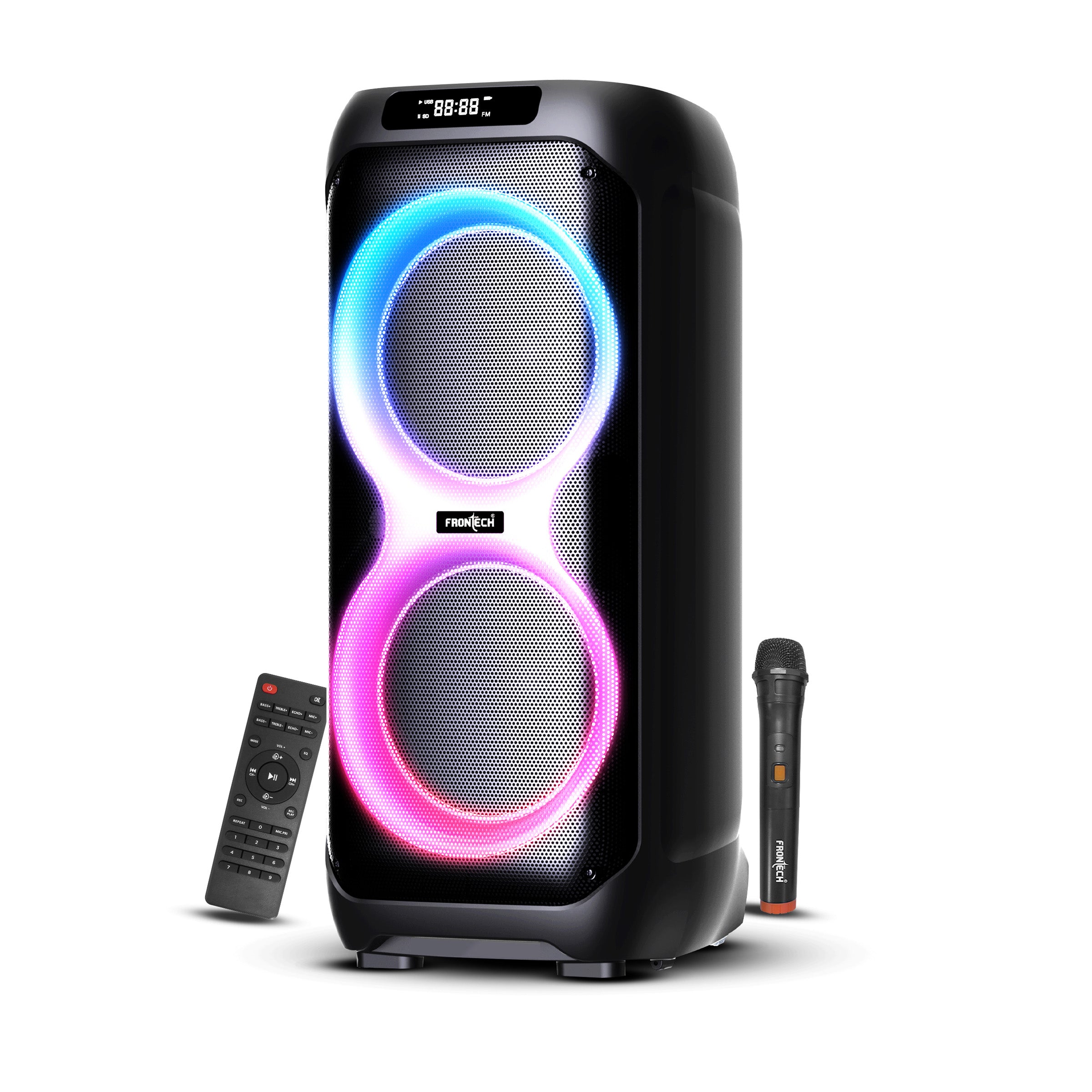 FRONTECH SMASH PRO-22P 100W Portable Party Speaker | True Wireless| Karaoke Function with Wireless Mic | RGB LED Disco Lighting | Bluetooth 5.0 | FM Radio| USB, TF, AUX| Type-C Charging Port | 1 Year Limited Warranty (SW-0022P) FRONTECH SMASH PRO-22P 100W Portable Party Speaker | True Wireless| Karaoke Function with Wireless Mic | RGB LED Disco Lighting | Bluetooth 5.0 | FM Radio| USB, TF, AUX| Type-C Charging Port | 1 Year Limited Warranty (SW-0022P)